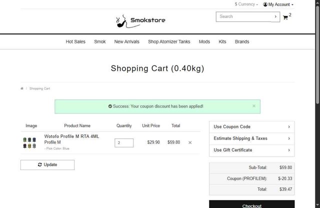 Smokstore checkout page showing Smokstore coupon code box | Screenshot taken by SimplyCodes community member on Jun 30, 2025