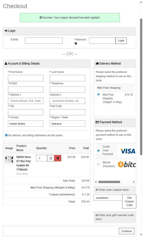 Smokstore checkout page showing Smokstore coupon code box | Screenshot taken by SimplyCodes community member on Nov 22, 2025