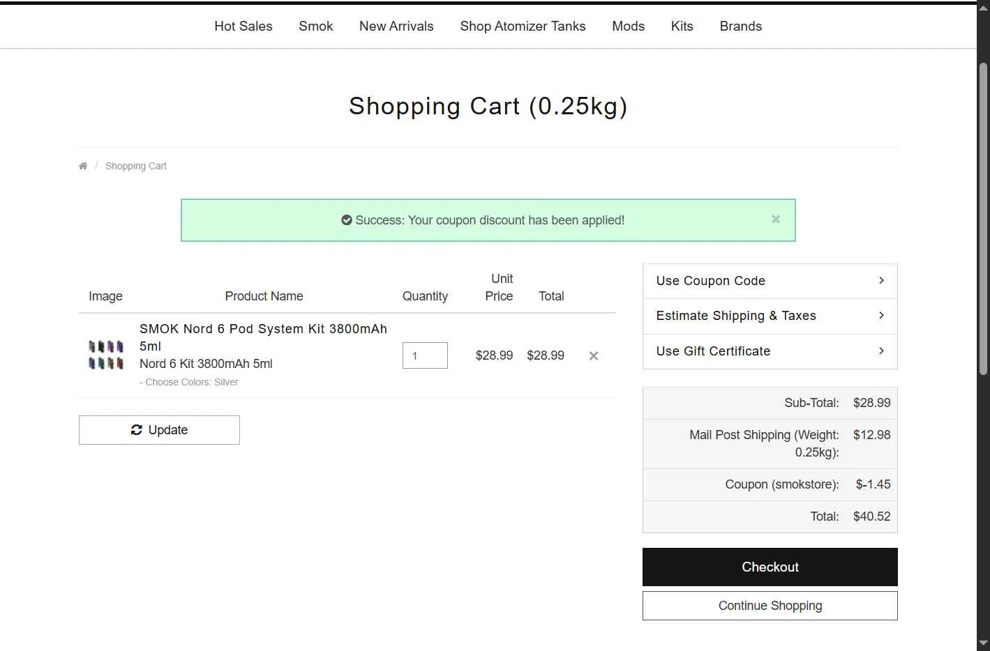 Smokstore checkout page showing Smokstore coupon code box | Screenshot taken by SimplyCodes community member on Jan 2, 2026