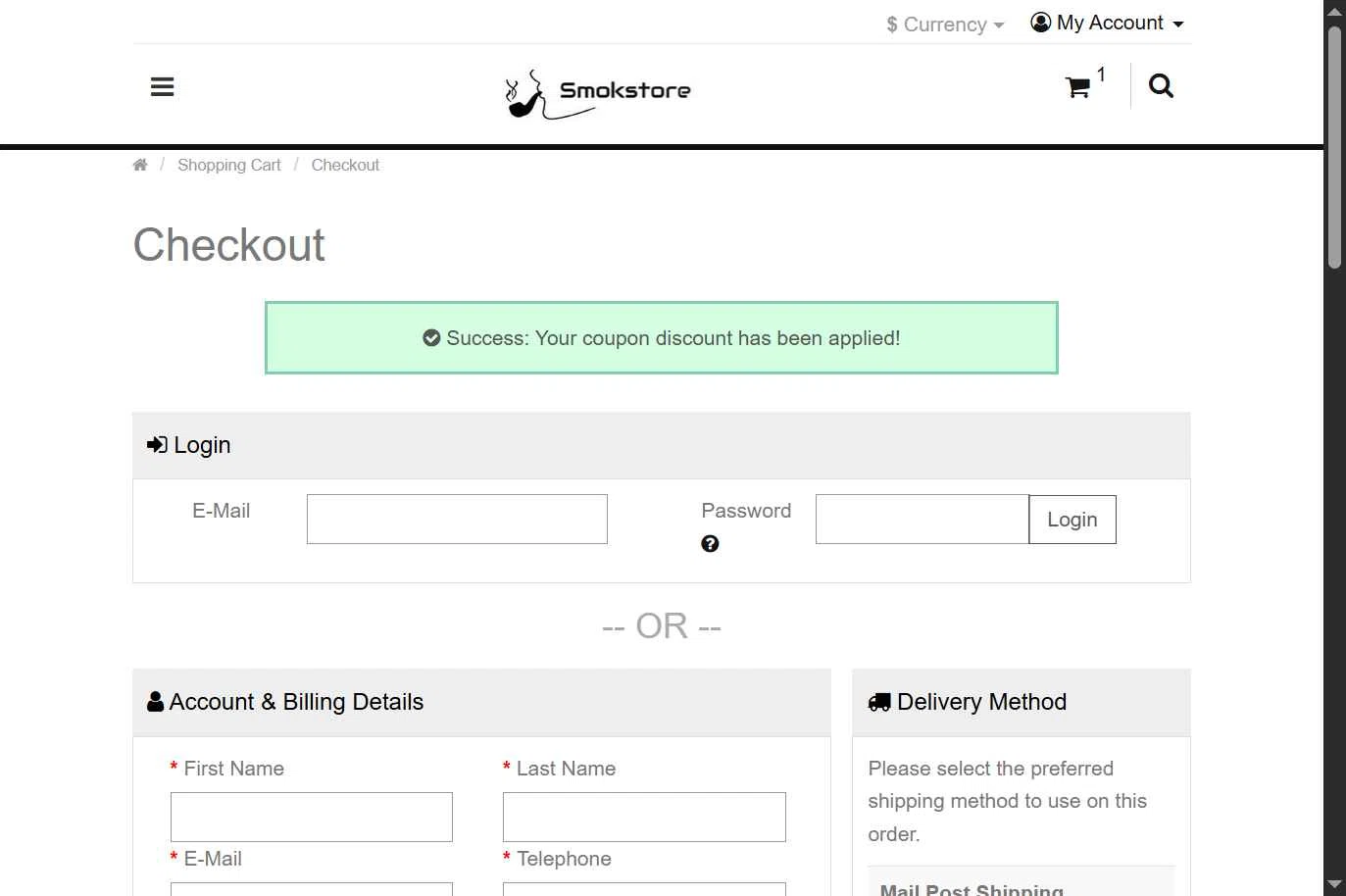 Smokstore checkout page showing Smokstore coupon code box | Screenshot taken by SimplyCodes community member on Jan 13, 2026