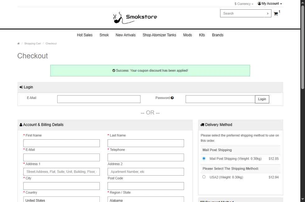 Smokstore checkout page showing Smokstore coupon code box | Screenshot taken by SimplyCodes community member on Sep 25, 2025