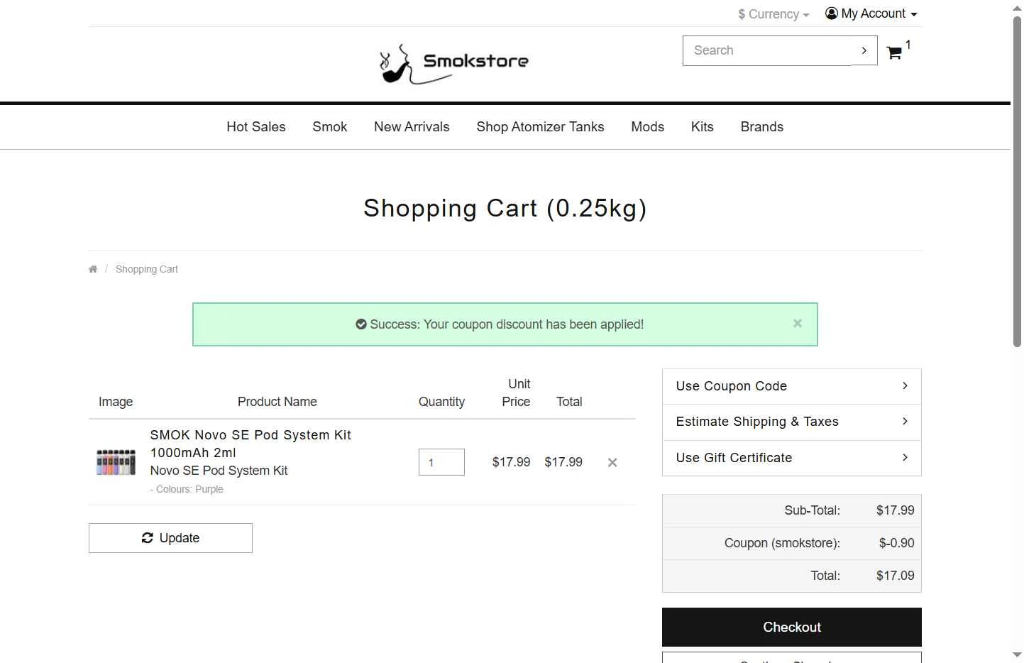 Smokstore checkout page showing Smokstore coupon code box | Screenshot taken by SimplyCodes community member on Oct 24, 2025