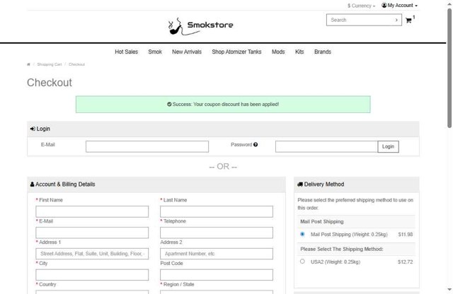 Smokstore checkout page showing Smokstore coupon code box | Screenshot taken by SimplyCodes community member on Jun 30, 2025