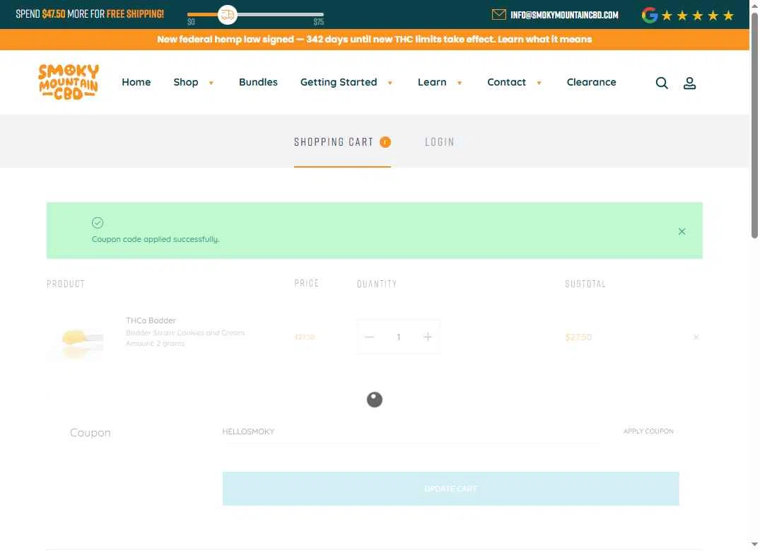 Smoky Mountain CBD checkout page showing Smoky Mountain CBD coupon code box | Screenshot taken by SimplyCodes community member on Dec 6, 2025
