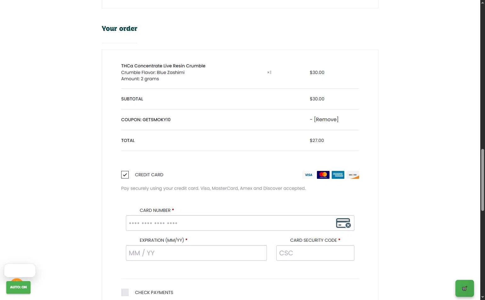 Smoky Mountain CBD checkout page showing Smoky Mountain CBD coupon code box | Screenshot taken by SimplyCodes community member on Jan 18, 2026