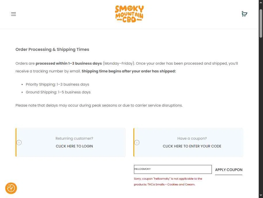 Smoky Mountain CBD checkout page showing Smoky Mountain CBD coupon code box | Screenshot taken by SimplyCodes community member on Jan 16, 2026