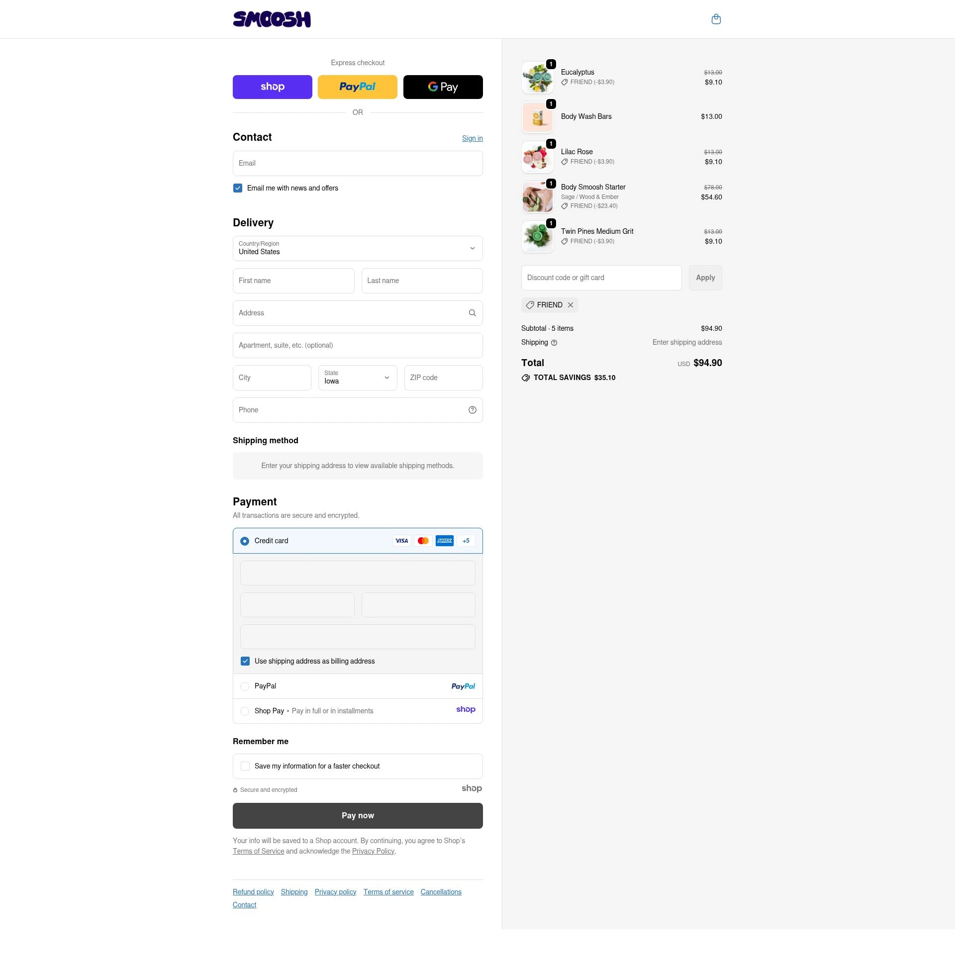 Smoosh checkout page showing Smoosh discount code box | Screenshot taken by SimplyCodes community member on Dec 15, 2025