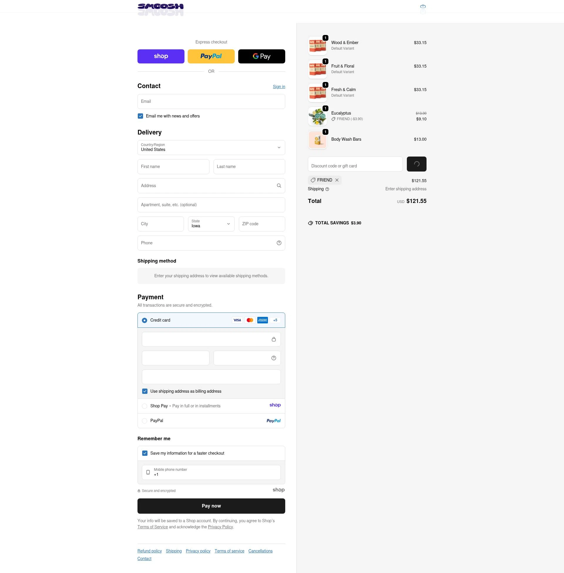 Smoosh checkout page showing Smoosh discount code box | Screenshot taken by SimplyCodes community member on Dec 22, 2025