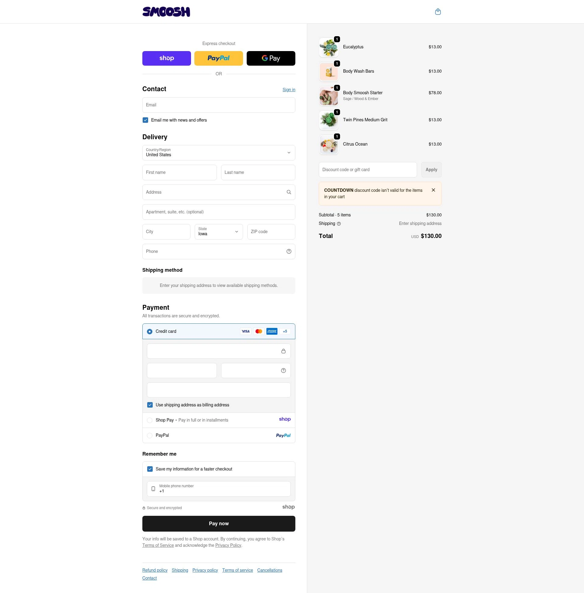 Smoosh checkout page showing Smoosh discount code box | Screenshot taken by SimplyCodes community member on Jan 1, 2026