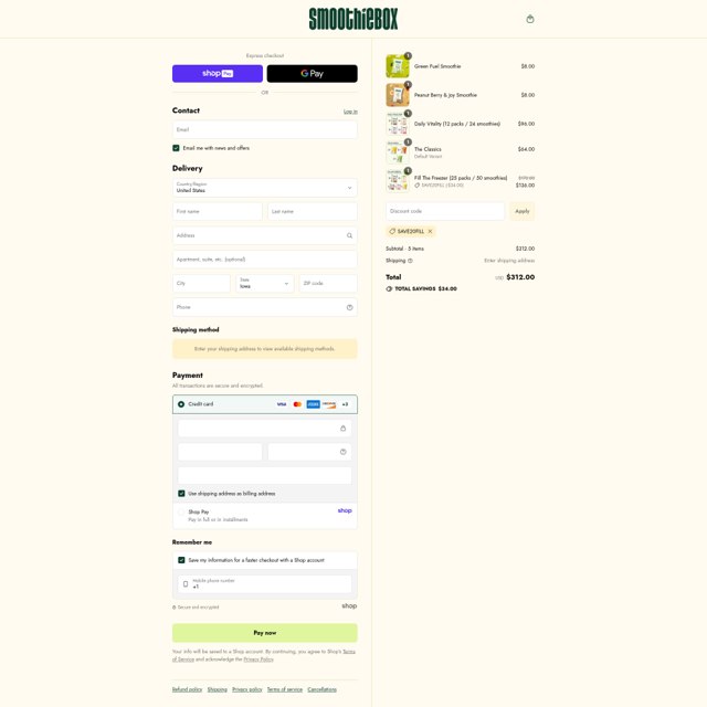 SmoothieBox checkout page showing SmoothieBox discount code box | Screenshot taken by SimplyCodes community member on Aug 25, 2025