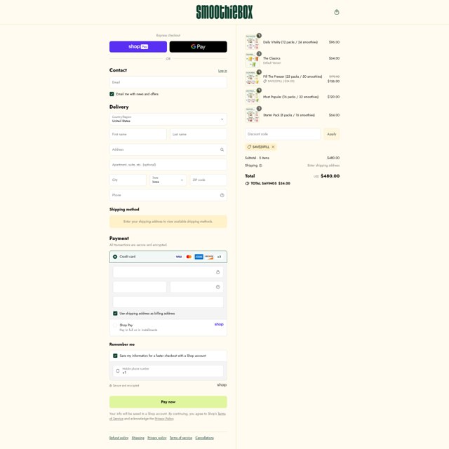 SmoothieBox checkout page showing SmoothieBox discount code box | Screenshot taken by SimplyCodes community member on Aug 15, 2025