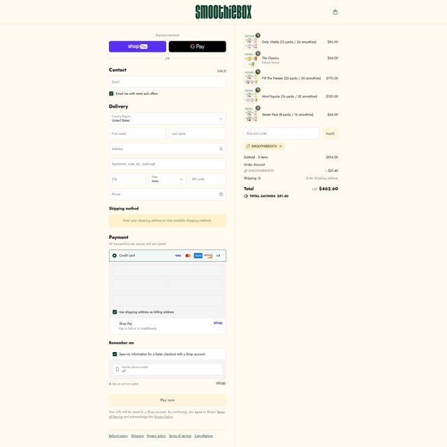 SmoothieBox checkout page showing SmoothieBox discount code box | Screenshot taken by SimplyCodes community member on Aug 15, 2025