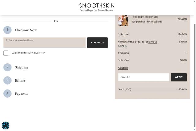 SmoothSkin checkout page showing SmoothSkin promo code box | Screenshot taken by SimplyCodes community member on May 10, 2025