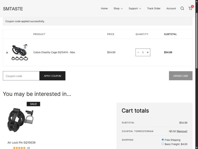 SMTASTE checkout page showing SMTASTE coupon code box | Screenshot taken by SimplyCodes community member on Sep 5, 2025