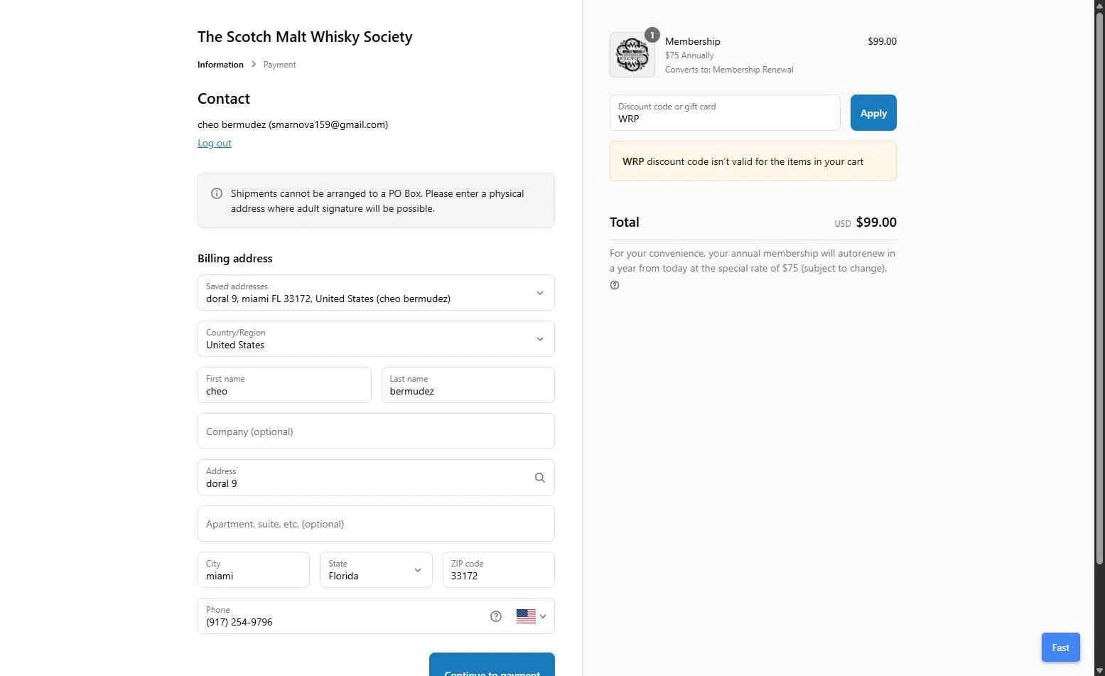 The Scotch Malt Whisky Society checkout page showing The Scotch Malt Whisky Society discount code box | Screenshot taken by SimplyCodes community member on Jul 12, 2025