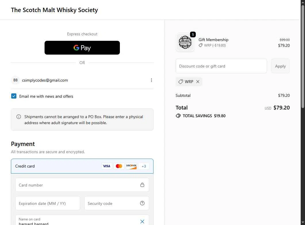 The Scotch Malt Whisky Society checkout page showing The Scotch Malt Whisky Society discount code box | Screenshot taken by SimplyCodes community member on Oct 10, 2025