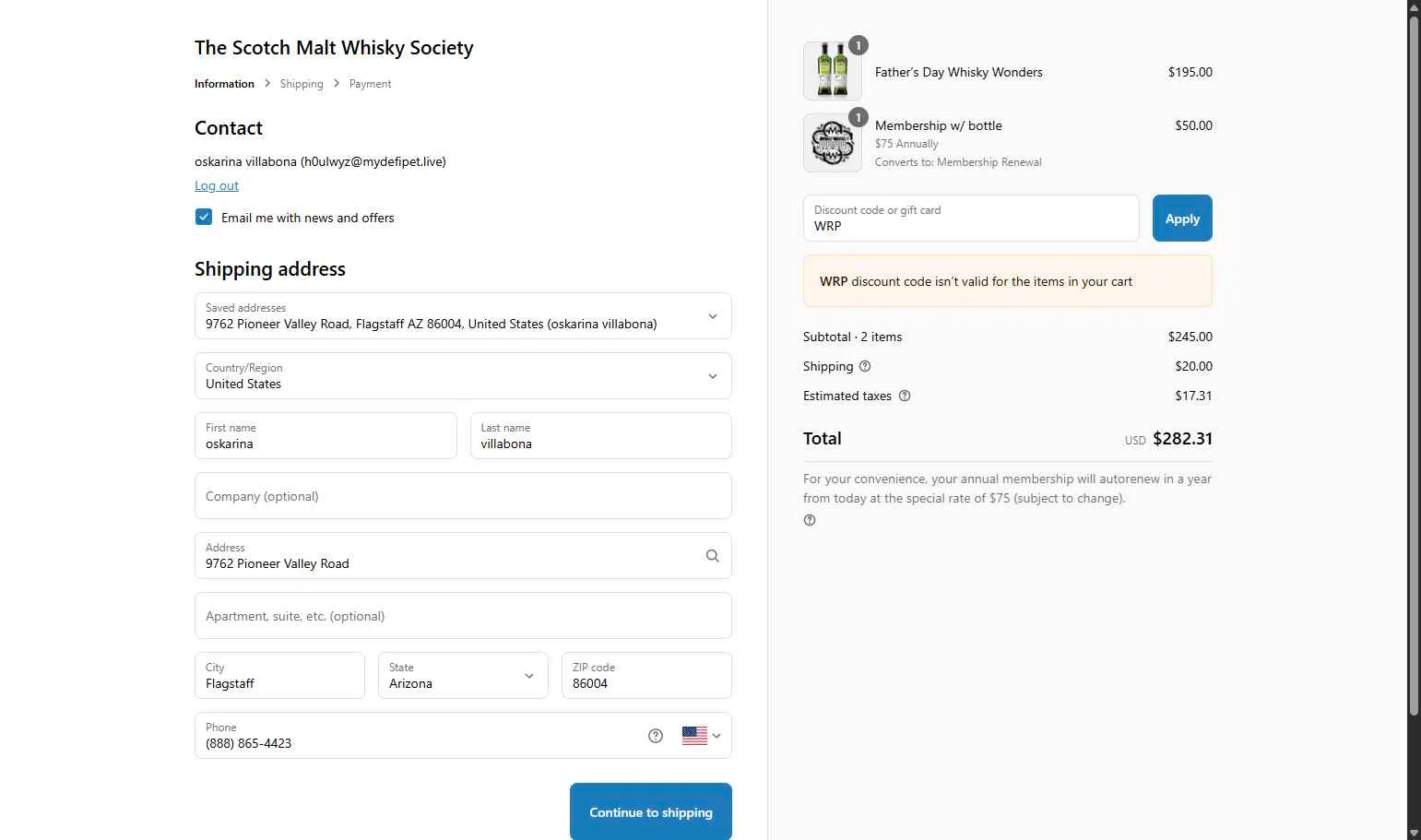 The Scotch Malt Whisky Society checkout page showing The Scotch Malt Whisky Society discount code box | Screenshot taken by SimplyCodes community member on Jun 13, 2025