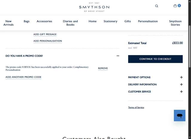 Smythson checkout page showing Smythson promo code box | Screenshot taken by SimplyCodes community member on Jul 29, 2025