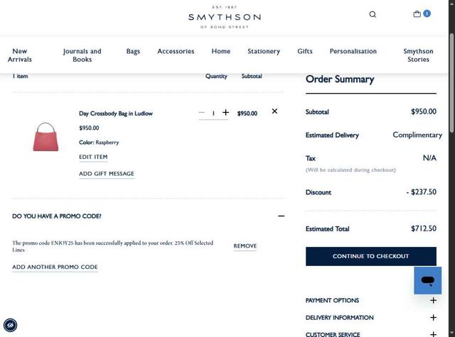 Smythson checkout page showing Smythson promo code box | Screenshot taken by SimplyCodes community member on Sep 4, 2025