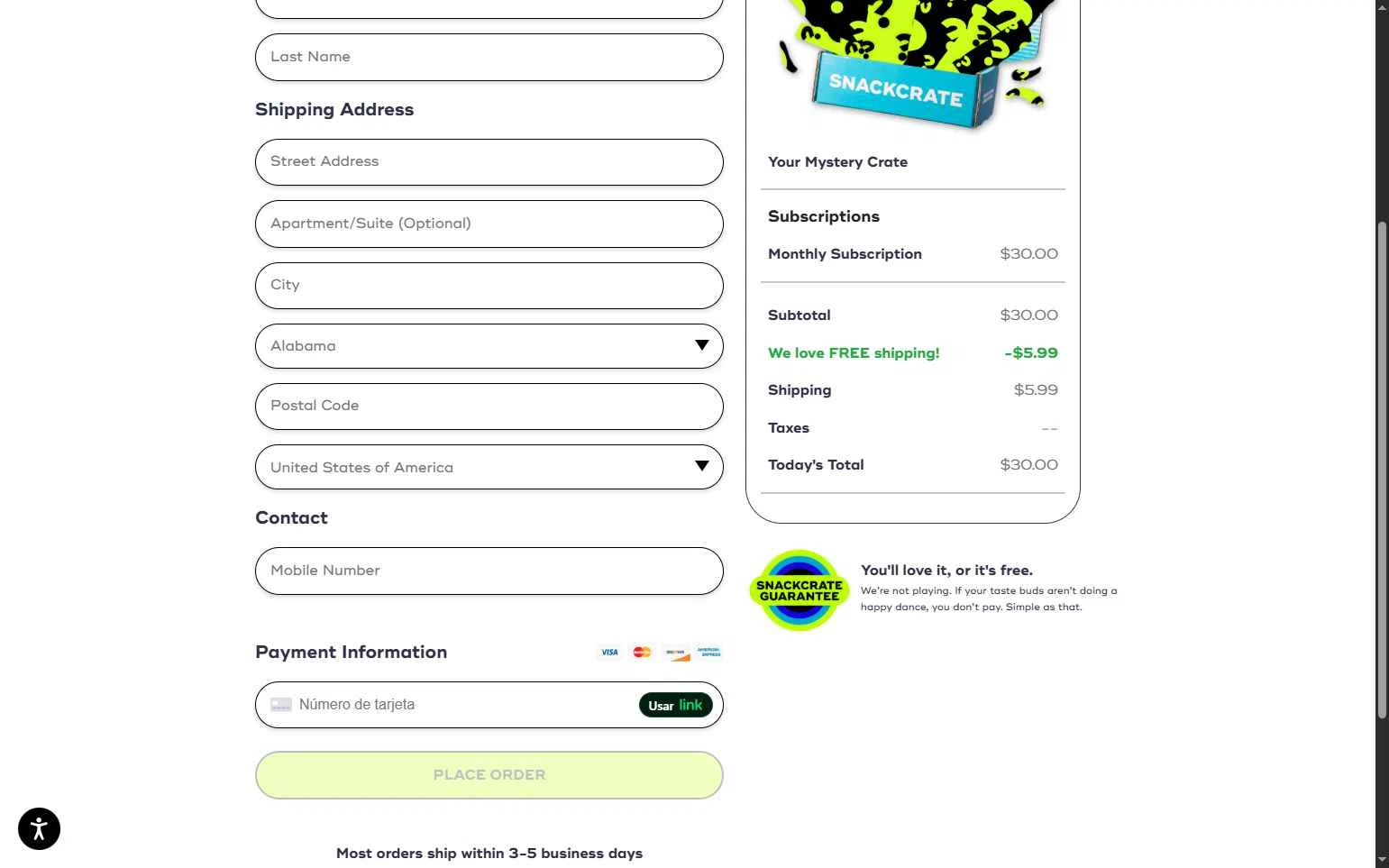 SnackCrate checkout page showing SnackCrate promo code box | Screenshot taken by SimplyCodes community member on Jan 30, 2026