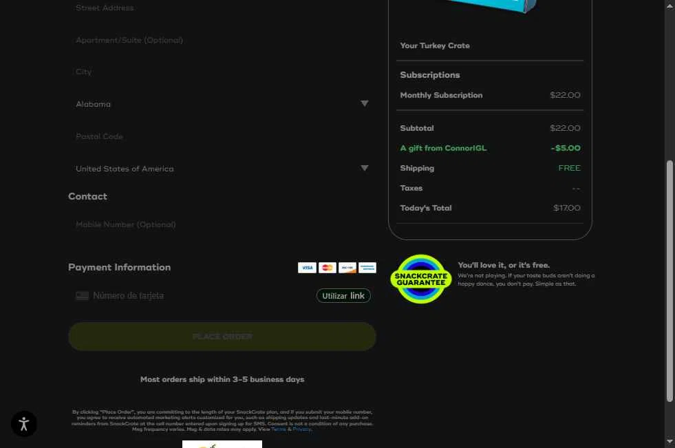 SnackCrate checkout page showing SnackCrate promo code box | Screenshot taken by SimplyCodes community member on Nov 4, 2025