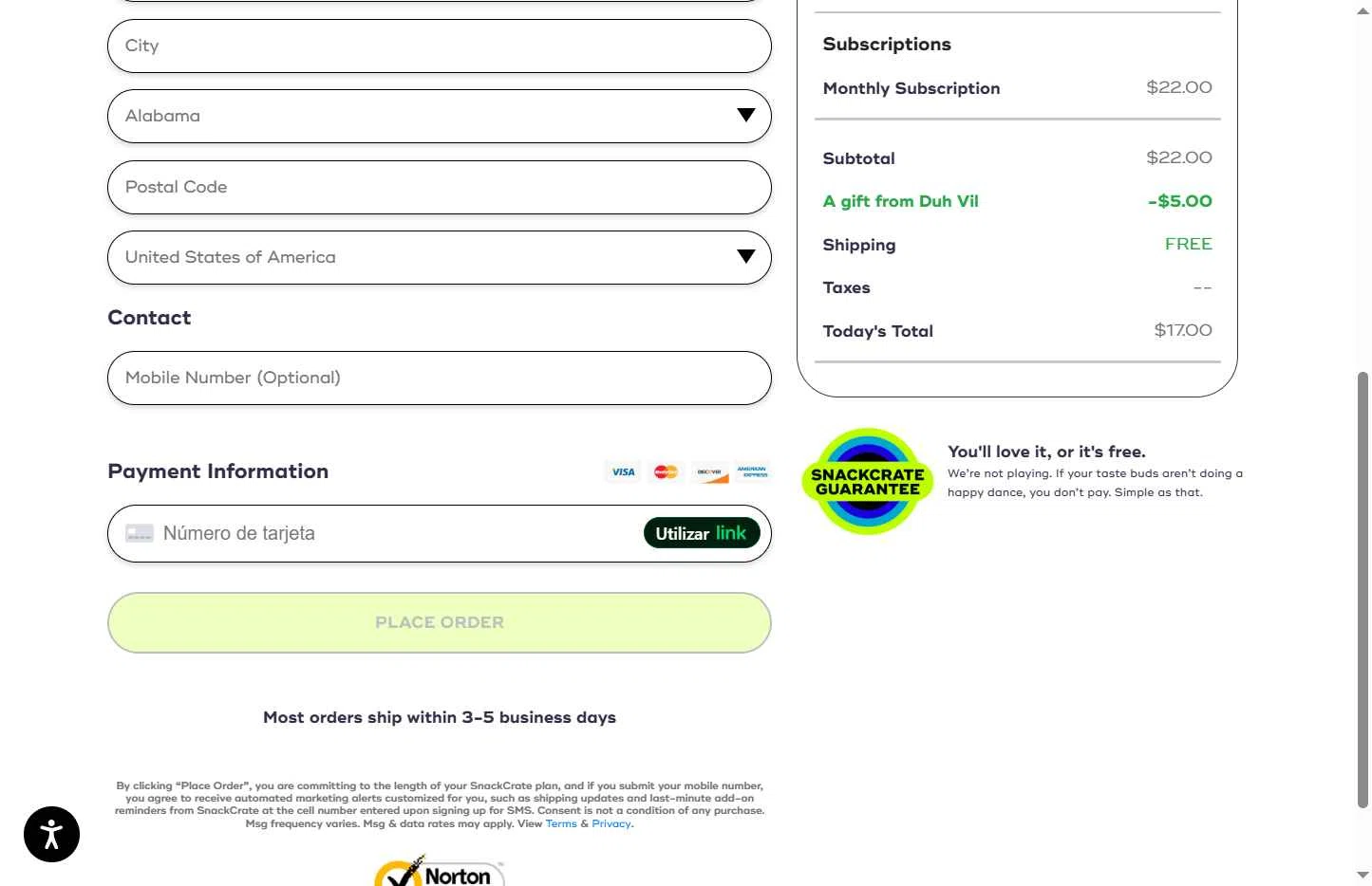 SnackCrate checkout page showing SnackCrate promo code box | Screenshot taken by SimplyCodes community member on Nov 4, 2025
