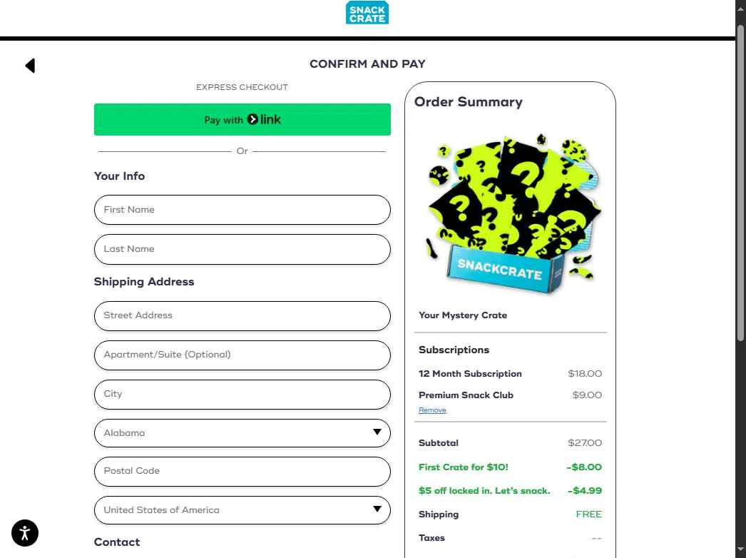 SnackCrate checkout page showing SnackCrate promo code box | Screenshot taken by SimplyCodes community member on Sep 25, 2025