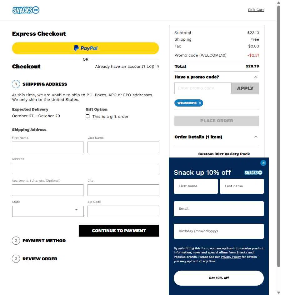 Snacks.com checkout page showing Snacks.com promo code box | Screenshot taken by SimplyCodes community member on Oct 23, 2025