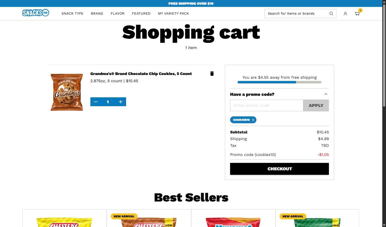 Snacks.com checkout page showing Snacks.com promo code box | Screenshot taken by SimplyCodes community member on Oct 15, 2025