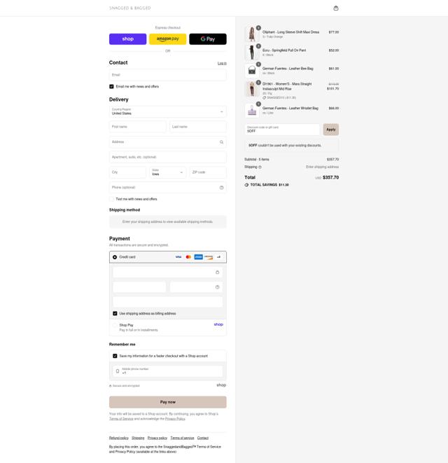 Snagged & Bagged checkout page showing Snagged & Bagged promo code box | Screenshot taken by SimplyCodes community member on Sep 4, 2025