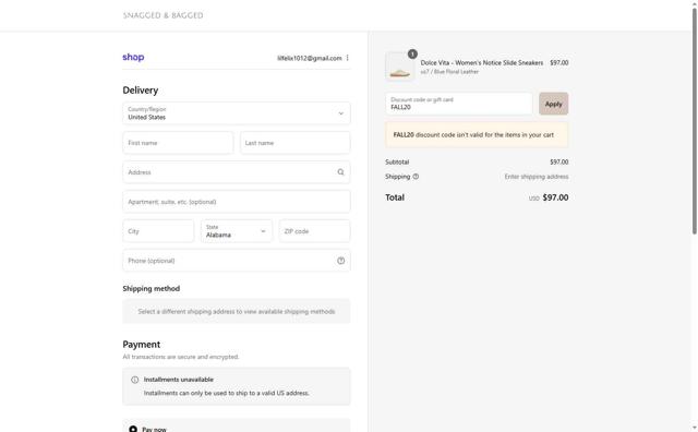 Snagged & Bagged checkout page showing Snagged & Bagged promo code box | Screenshot taken by SimplyCodes community member on Sep 9, 2025