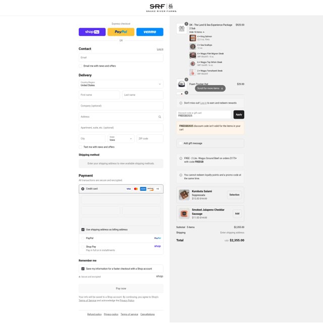 Snake River Farms checkout page showing Snake River Farms promo code box | Screenshot taken by SimplyCodes community member on Aug 25, 2025
