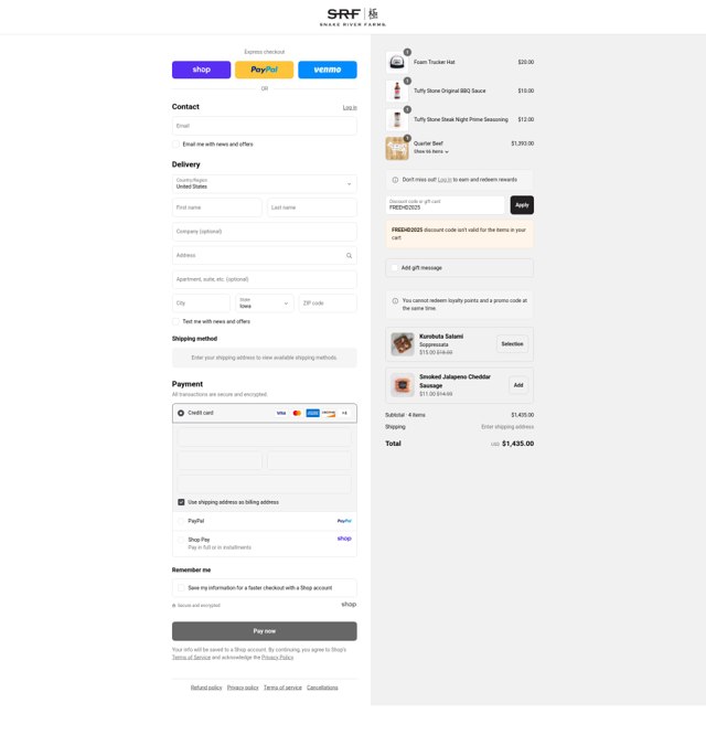 Snake River Farms checkout page showing Snake River Farms promo code box | Screenshot taken by SimplyCodes community member on Sep 7, 2025