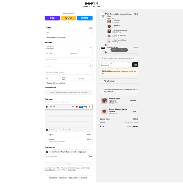 Snake River Farms checkout page showing Snake River Farms promo code box | Screenshot taken by SimplyCodes community member on Aug 29, 2025