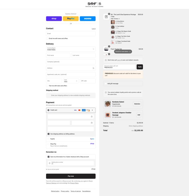 Snake River Farms checkout page showing Snake River Farms promo code box | Screenshot taken by SimplyCodes community member on Aug 29, 2025