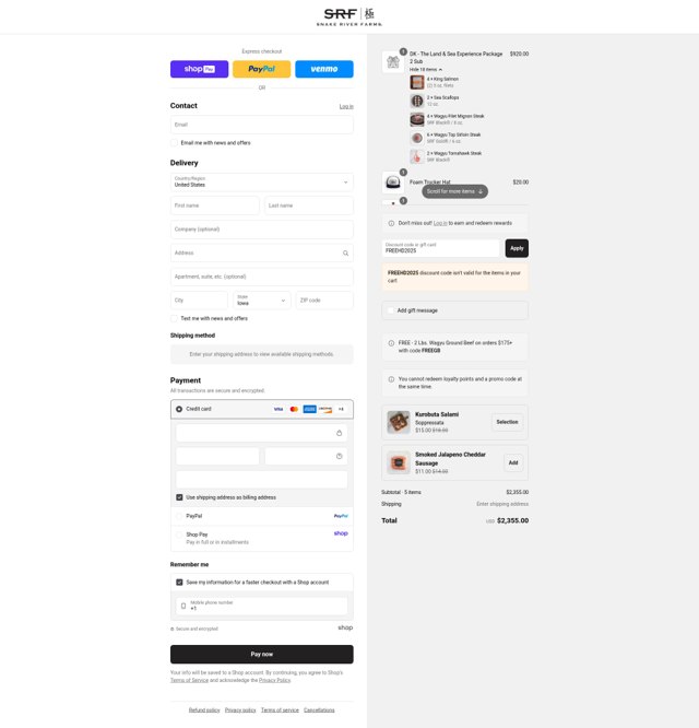 Snake River Farms checkout page showing Snake River Farms promo code box | Screenshot taken by SimplyCodes community member on Aug 25, 2025