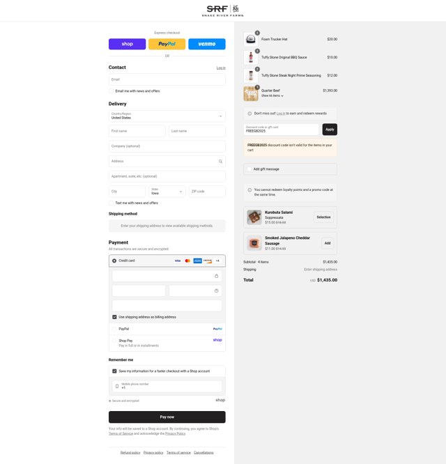 Snake River Farms checkout page showing Snake River Farms promo code box | Screenshot taken by SimplyCodes community member on Sep 7, 2025