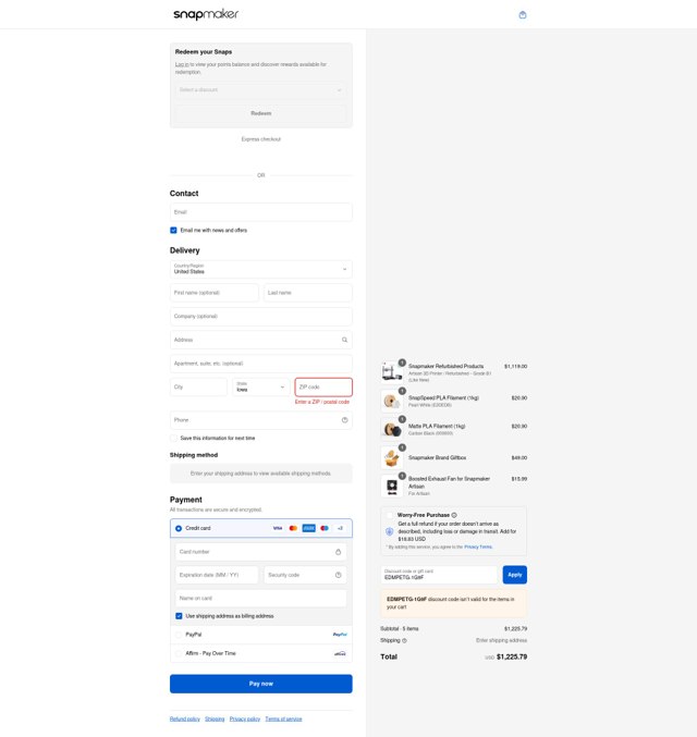 Snapmaker checkout page showing Snapmaker discount code box | Screenshot taken by SimplyCodes community member on Sep 3, 2025