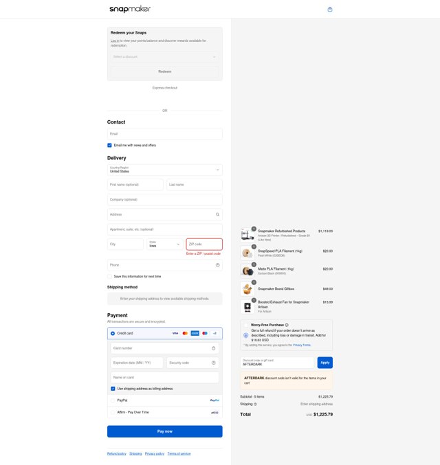 Snapmaker checkout page showing Snapmaker discount code box | Screenshot taken by SimplyCodes community member on Sep 3, 2025