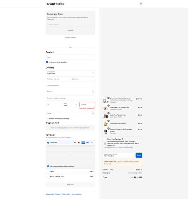 Snapmaker checkout page showing Snapmaker discount code box | Screenshot taken by SimplyCodes community member on Sep 3, 2025