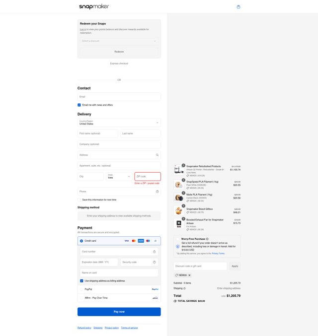 Snapmaker checkout page showing Snapmaker discount code box | Screenshot taken by SimplyCodes community member on Sep 3, 2025