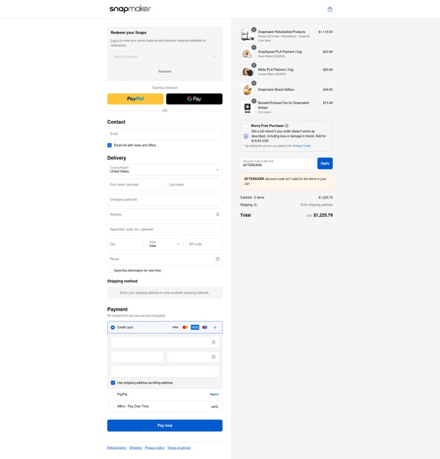 Snapmaker checkout page showing Snapmaker discount code box | Screenshot taken by SimplyCodes community member on Aug 30, 2025