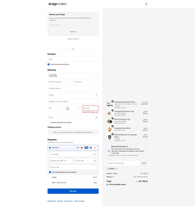 Snapmaker checkout page showing Snapmaker discount code box | Screenshot taken by SimplyCodes community member on Sep 3, 2025