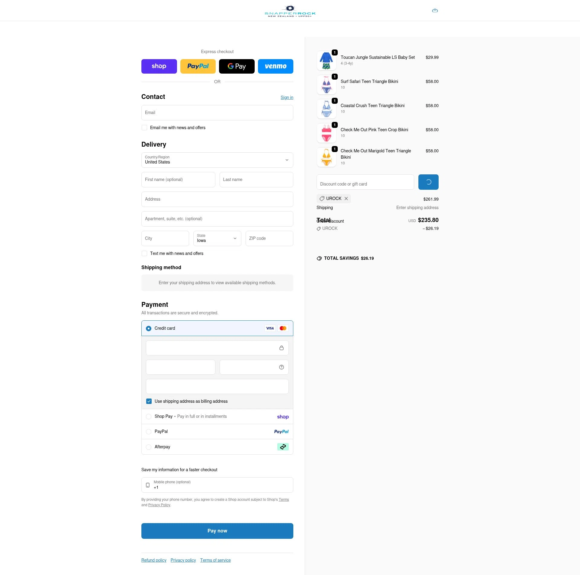 Snapper Rock checkout page showing Snapper Rock discount code box | Screenshot taken by SimplyCodes community member on Feb 13, 2026
