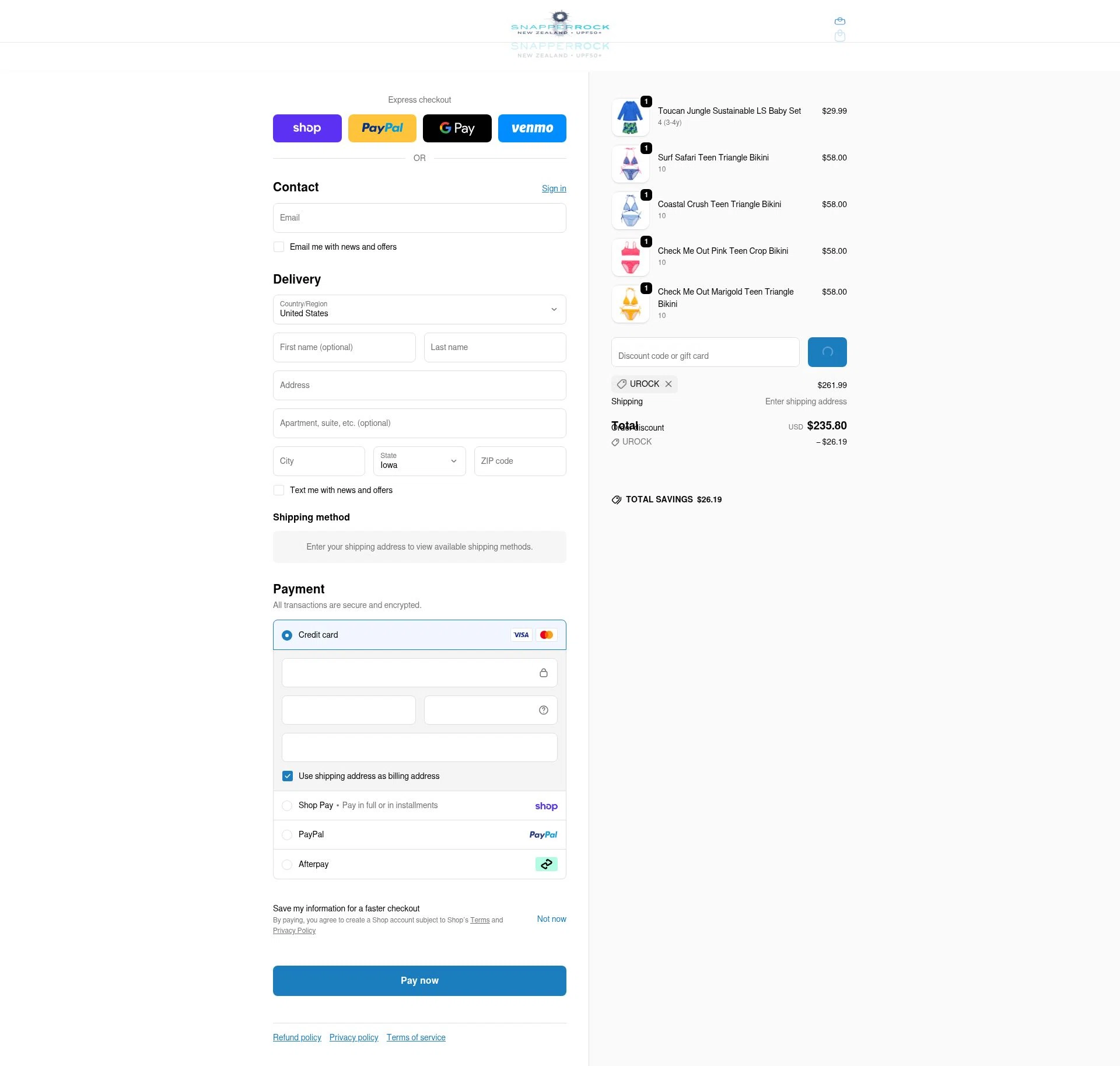 Snapper Rock checkout page showing Snapper Rock discount code box | Screenshot taken by SimplyCodes community member on Feb 17, 2026