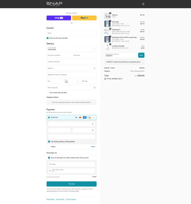 SnapPower checkout page showing SnapPower discount code box | Screenshot taken by SimplyCodes community member on Aug 26, 2025