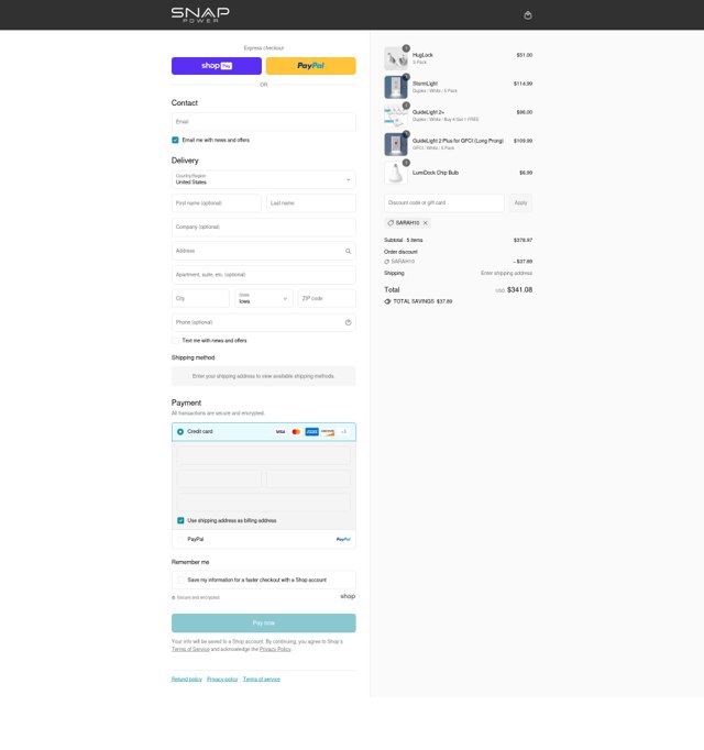SnapPower checkout page showing SnapPower discount code box | Screenshot taken by SimplyCodes community member on Aug 17, 2025