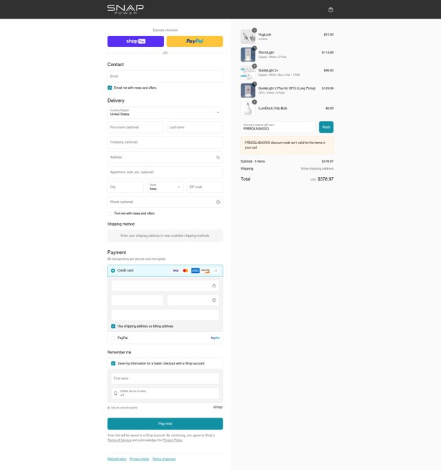 SnapPower checkout page showing SnapPower discount code box | Screenshot taken by SimplyCodes community member on Aug 17, 2025