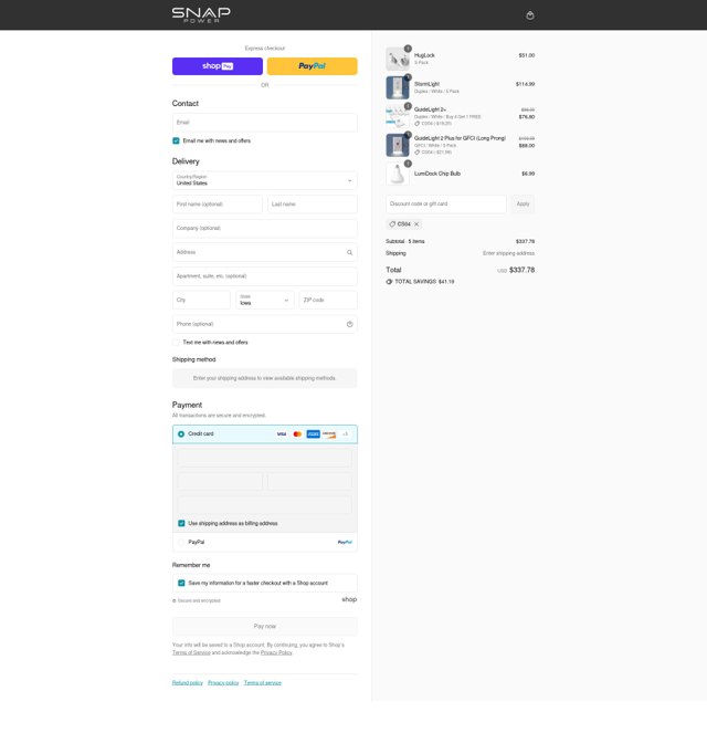 SnapPower checkout page showing SnapPower discount code box | Screenshot taken by SimplyCodes community member on Aug 17, 2025