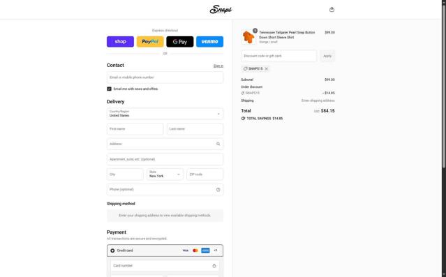 Snaps Clothing checkout page showing Snaps Clothing discount code box | Screenshot taken by SimplyCodes community member on Sep 9, 2025